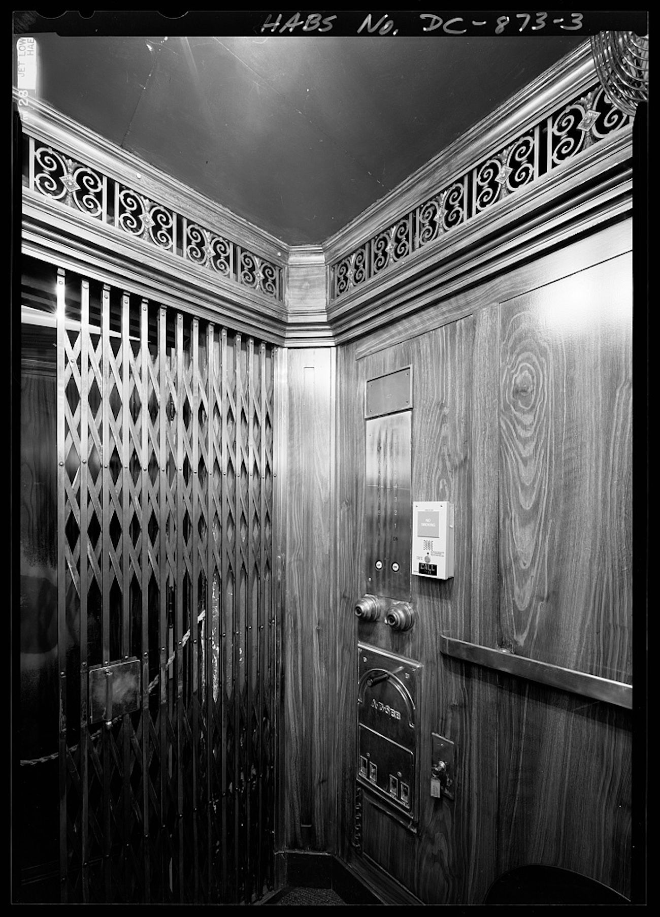  Interior of passenger elevator, showing operator controls. 